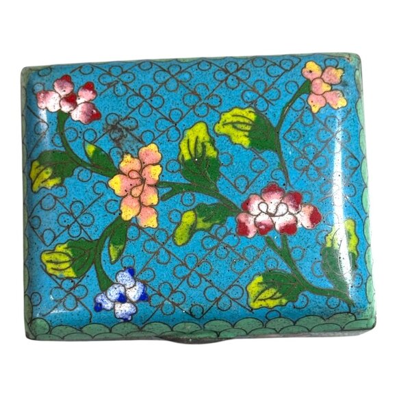 Vintage Cloisonné Floral Trinket Box Handcrafted Blue Enamel Jewelry Keepsake 3" - Picture 2 of 10